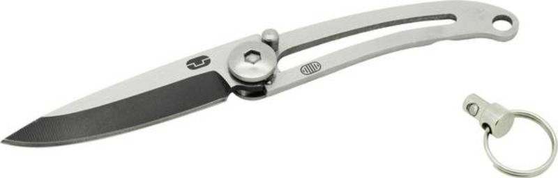 Compact stainless steel folding knife with keyring, featuring a black coated blade and secure locking mechanism.
