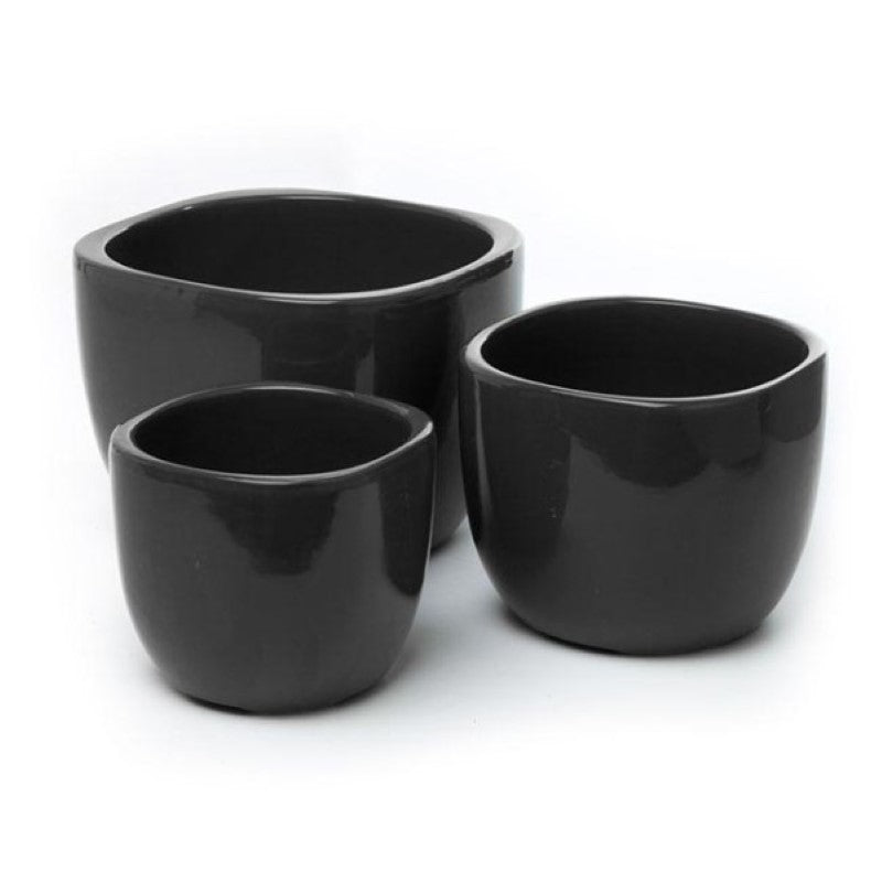 Ceramic Monaco Square Round Set of 3 black planters in various sizes, perfect for elegant indoor or outdoor decor.