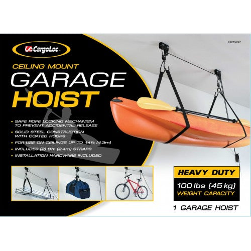 Heavy-duty garage hoist with 45kg capacity, secure locking mechanism, and durable steel construction for efficient storage.
