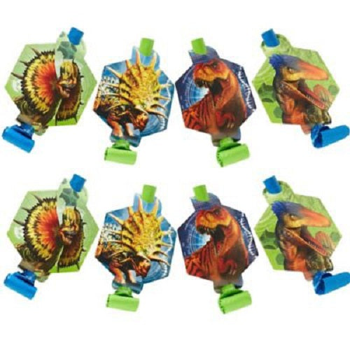 Colorful Jurassic World blowouts with medallions, featuring beloved dinosaurs, perfect for themed parties and festive fun.