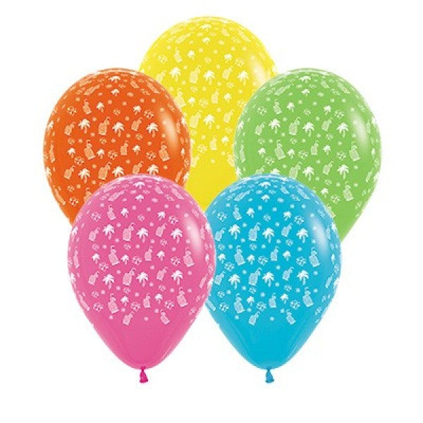 Vibrant 12-pack of 30cm Sempertex latex balloons featuring tropical designs, perfect for festive celebrations and parties.