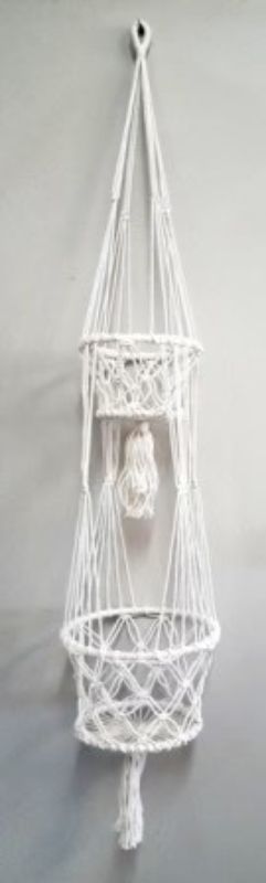 Double White Macrame Plant Hanger, 22x22x120 cm, showcasing a stylish way to display indoor plants in any decor.