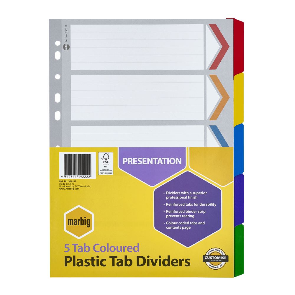 Colorful A4 dividers with reinforced board and printed tabs for easy organization; includes table of contents for navigation.