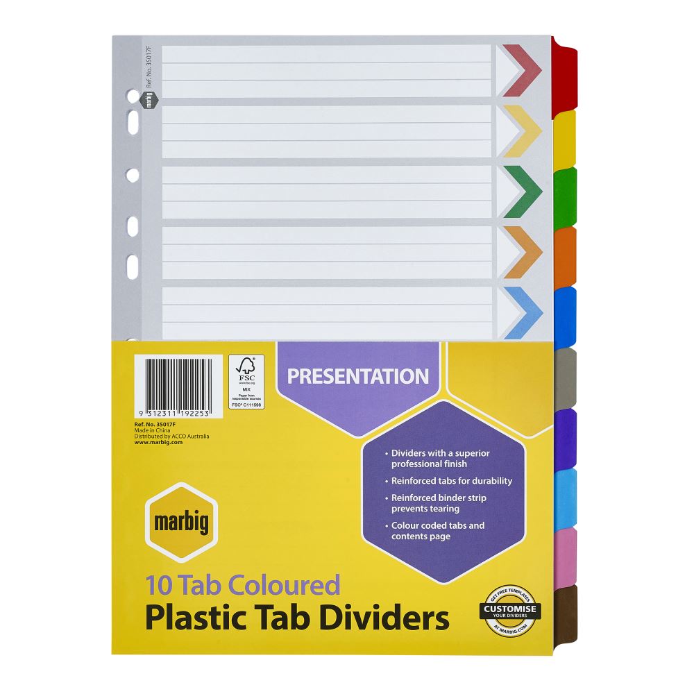 Marbig A4 dividers with reinforced board and colored tabs, featuring a table of contents for organized document management.