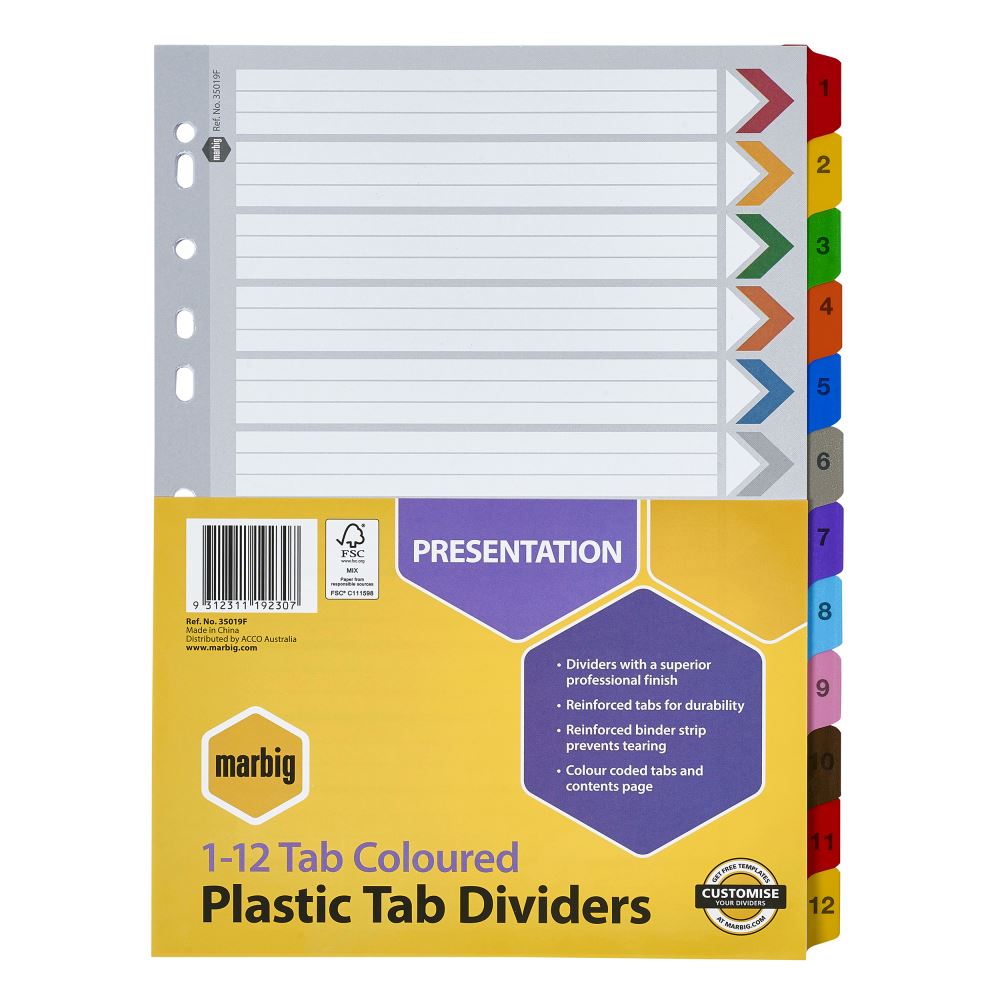 Marbig A4 dividers with reinforced board, vibrant tabs, and a matching contents page for efficient document organization.