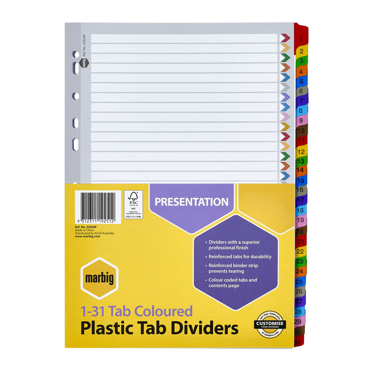 Marbig A4 dividers in vibrant colors, featuring reinforced manilla board and pre-printed tabs for efficient document organization.