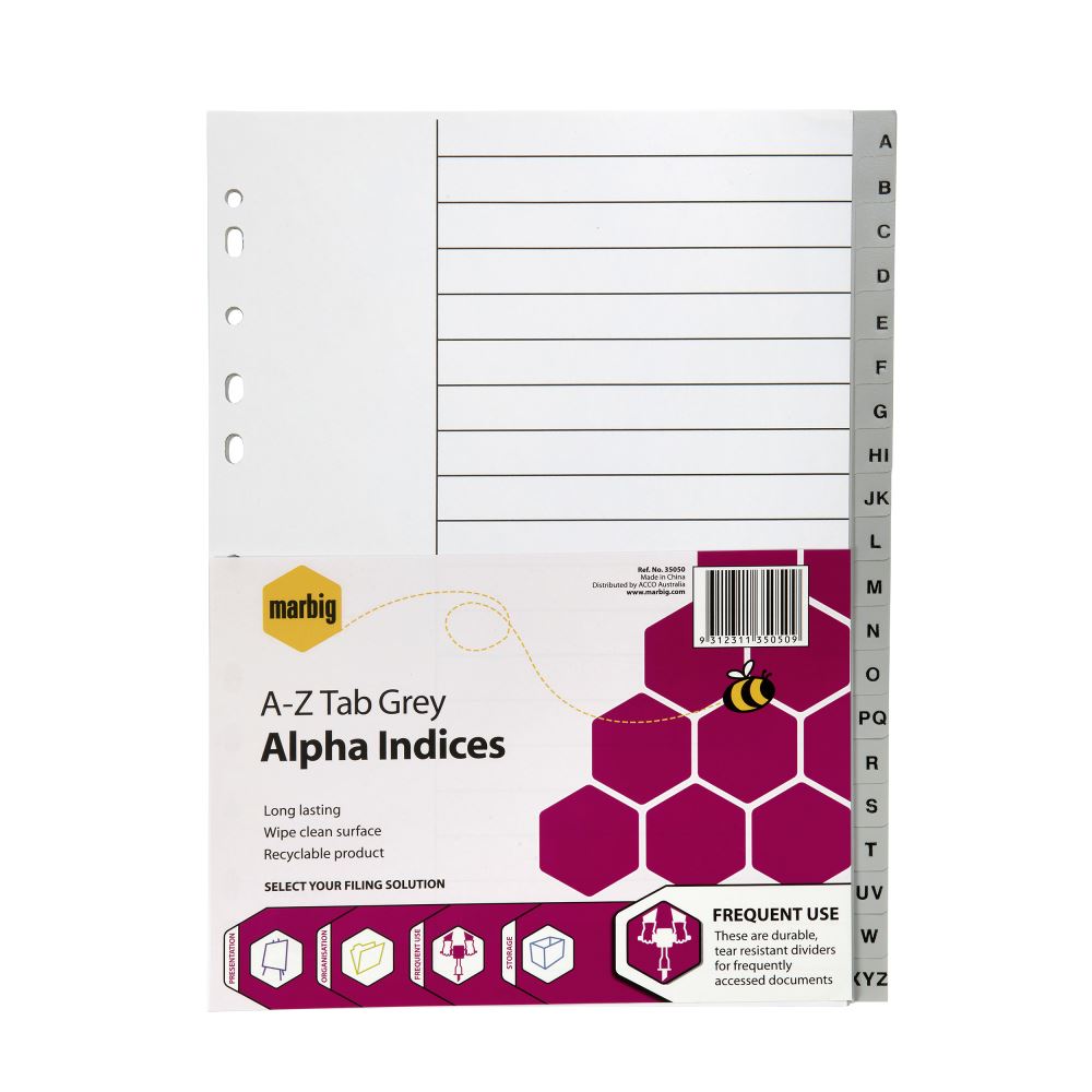Grey A4 A-Z tab dividers made from durable, waterproof polypropylene for easy document organization and professional filing.
