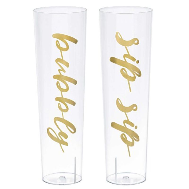 Champagne Stemless Wine Glasses Gold Hot Stamped on Clear Plastic - Pack of 2