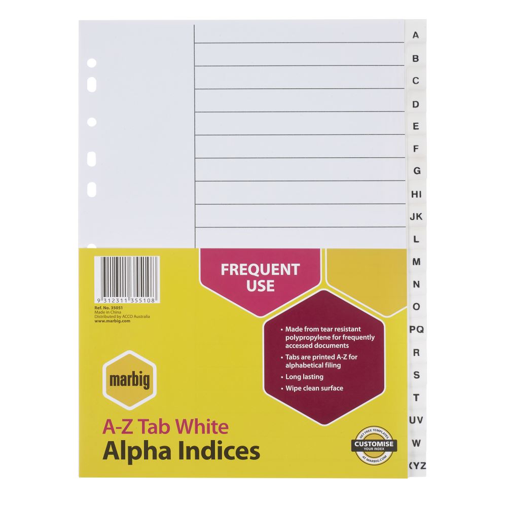 Marbig A4 A-Z tabs in white polypropylene for durable, waterproof organization and easy alphabetical filing.