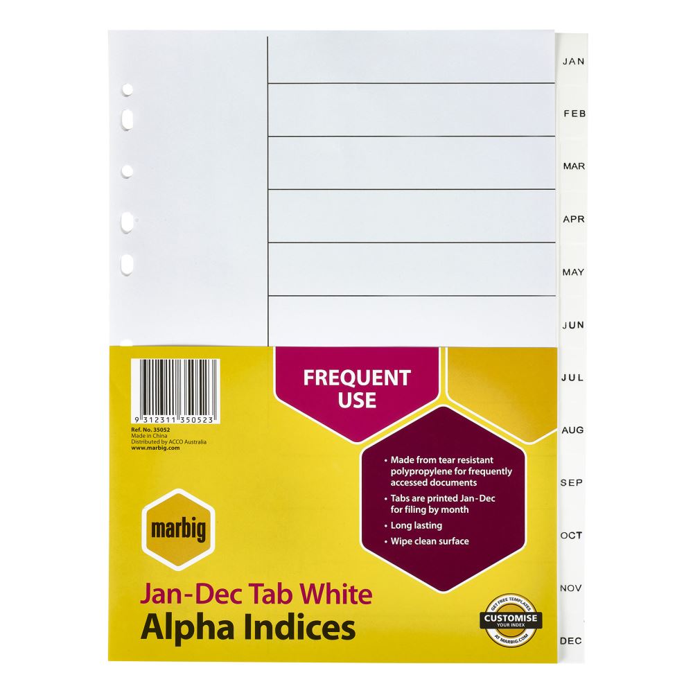 Marbig Indices White PP A4 dividers with Jan-Dec tabs, durable and waterproof for organized and easy document management.