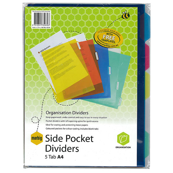 A4 pocket dividers with five colorful tabs for organizing loose papers, featuring durable copysafe material for document protection.