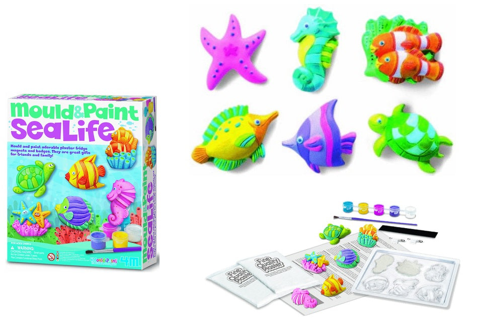 Underwater craft kit for kids, featuring glow-in-the-dark magnets and badges with molds, paints, and glitter. Ages 5+.