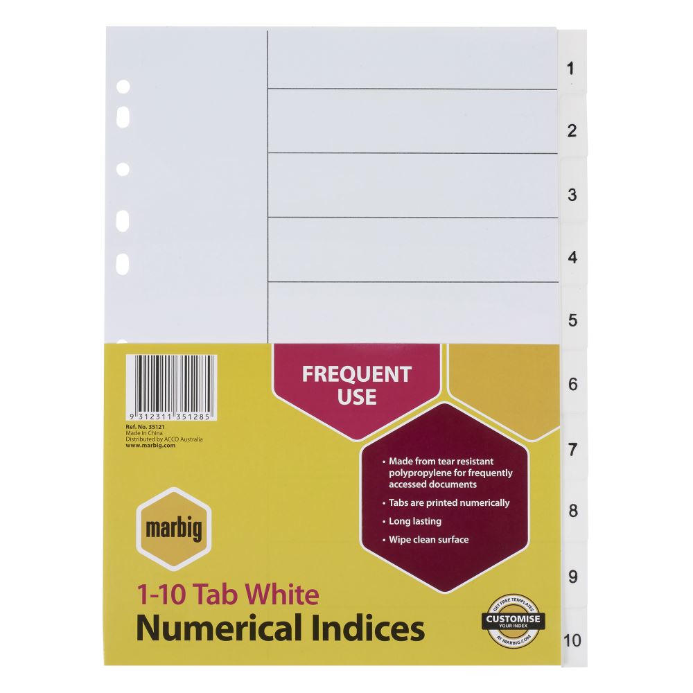 Marbig A4 white PP indices with numbered tabs 1-10 for organized and durable binder filing solutions.