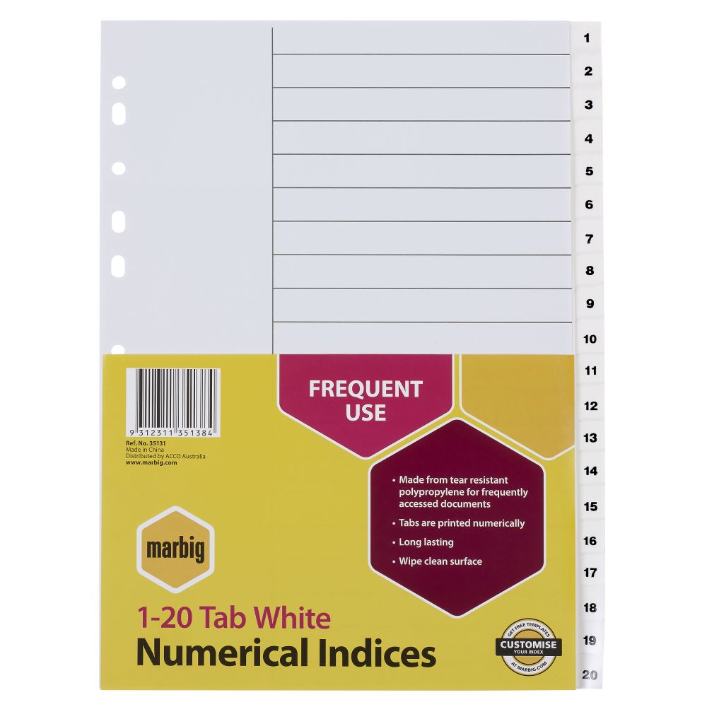 Marbig Indices White PP A4 1-20 Tab dividers with waterproof material, durable design, and numbered tabs for organized filing.