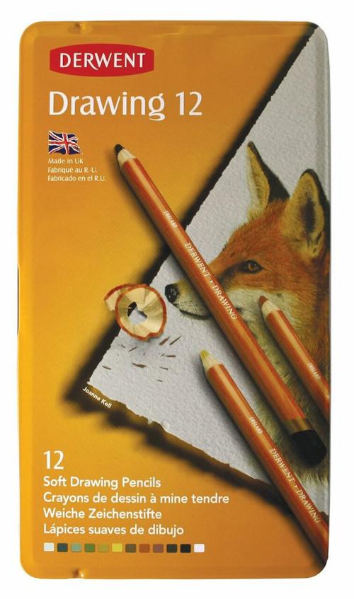 Derwent Drawing Pencils 12 set featuring soft creamy pencils in various colors for wildlife and portrait art.