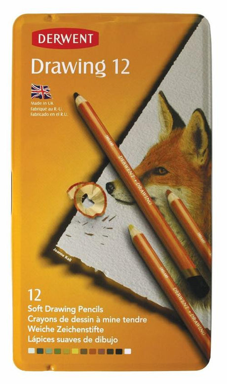 Derwent Drawing Pencils 12 set featuring soft creamy pencils in various colors for wildlife and portrait art.