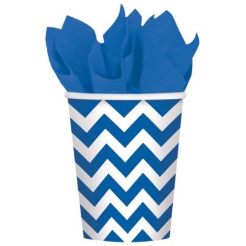 Bright royal blue chevron disposable cups, pack of 8, perfect for serving drinks and enhancing party decor.