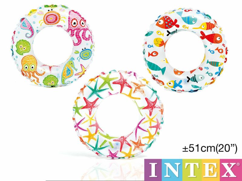 Colorful 51cm INTEX swim rings in assorted designs, perfect for pool fun, beach days, and summer parties.