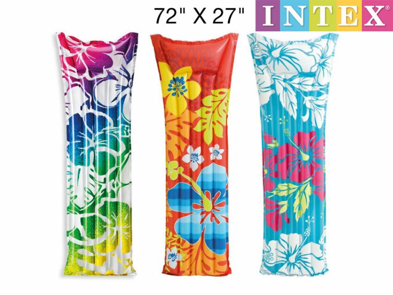 Vibrant INTEX floating mats, 183 x 69 cm, ideal for summer pool parties and beach days, designed for fun and relaxation.