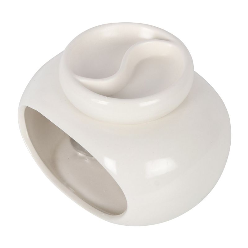 Elegant off-white double ceramic oil burner with divided bowl for customizing scents, perfect for enhancing home ambiance.