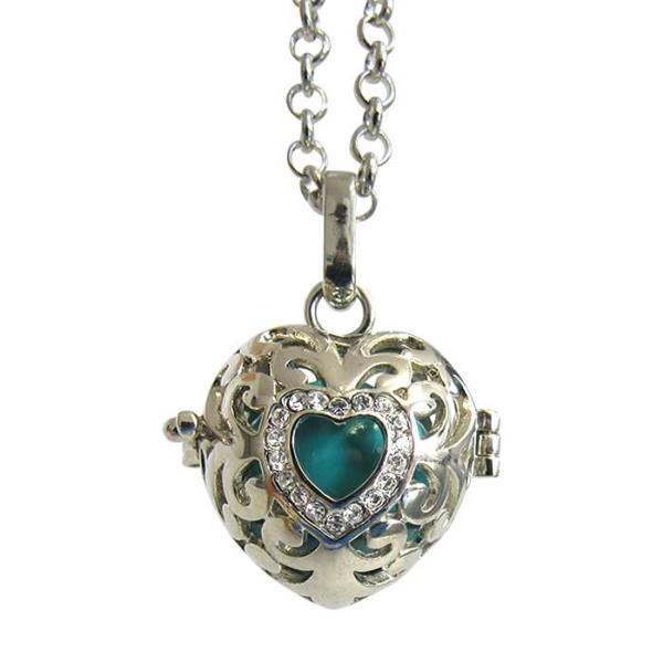 Elegant Angel Caller Diamante Heart locket on an 80cm chain, featuring rhodium plating and intricate diamante design.