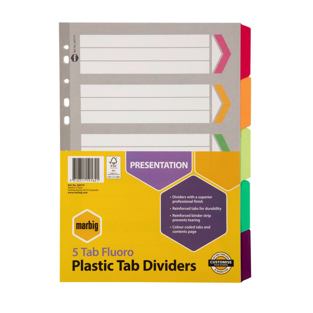Brightly colored A4 dividers with reinforced tabs for efficient document organization in standard binders.