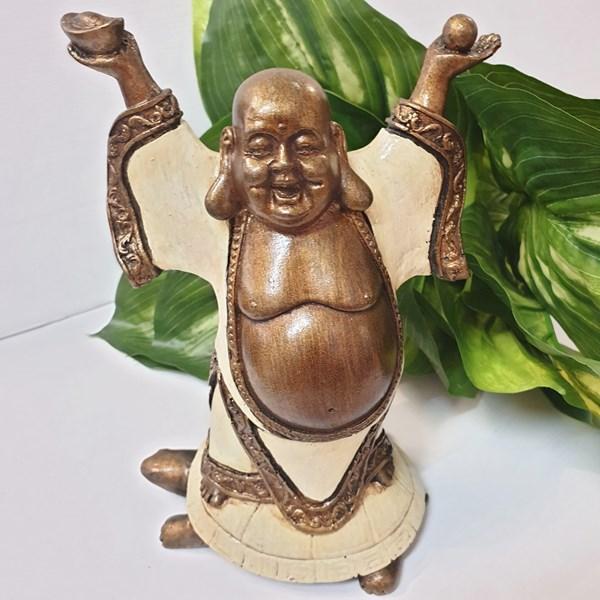 Happy Buddha figurine atop a turtle, symbolizing peace and longevity, perfect for home decor and positive energy.