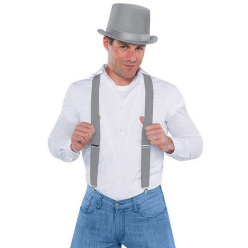 Stylish Silver Suspenders for adults and kids with adjustable Y-back design and secure clips for a comfortable fit.