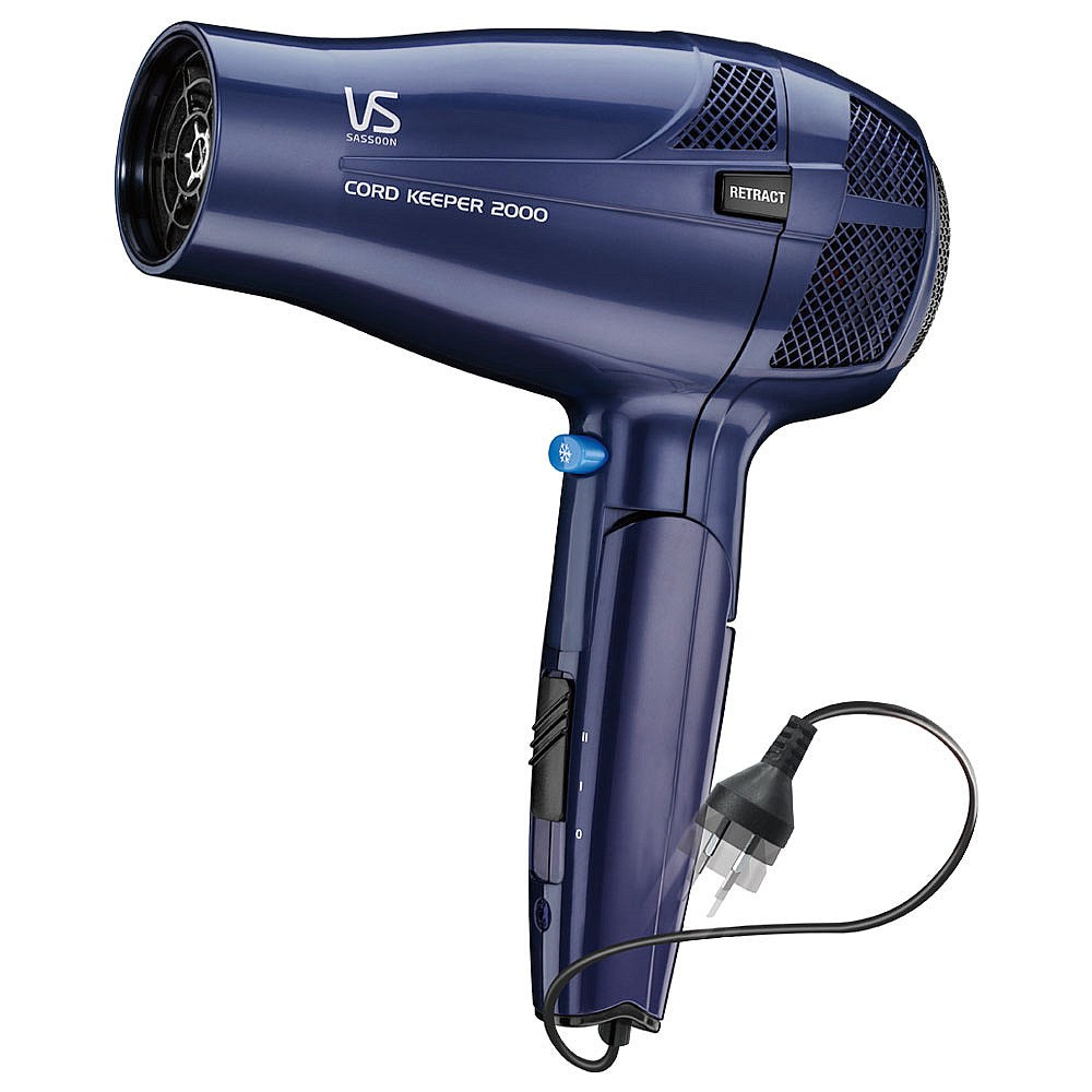 VS Sassoon Cord Keeper Hair Dryer with retractable cord, 2000 watts, ionic technology, and portable folding handle.