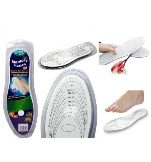 Memory Insole Set of 12 in white, made of EVA and memory foam, providing comfort and support for all shoe types.