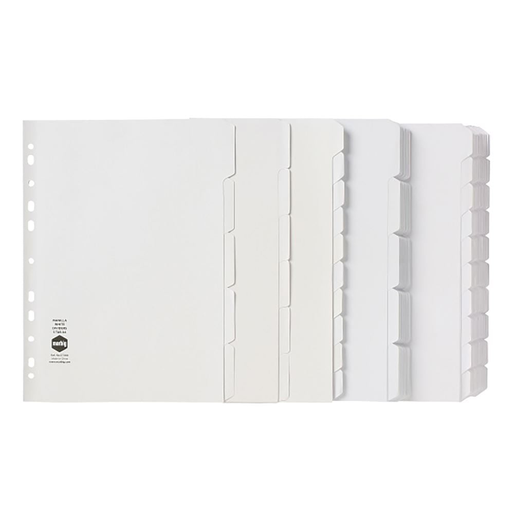 Marbig 5-tab dividers in white manilla for organizing A4 documents, featuring customizable tabs and durable design.