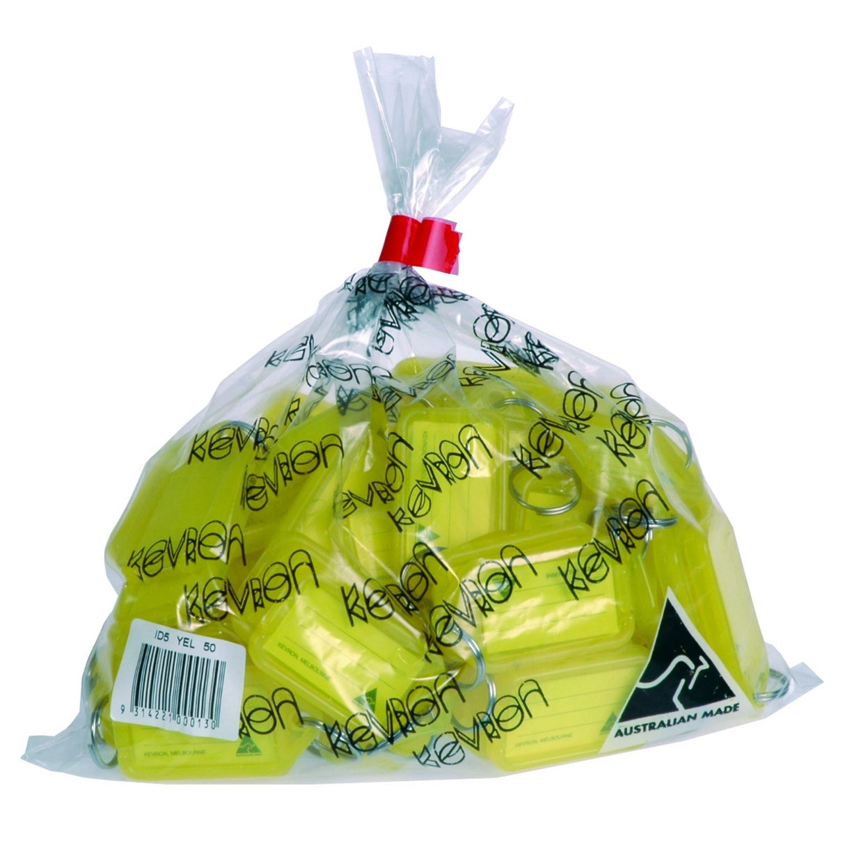 Bright yellow Kevron key tags in a pack of 50, with a clear label window for easy key organization and identification.