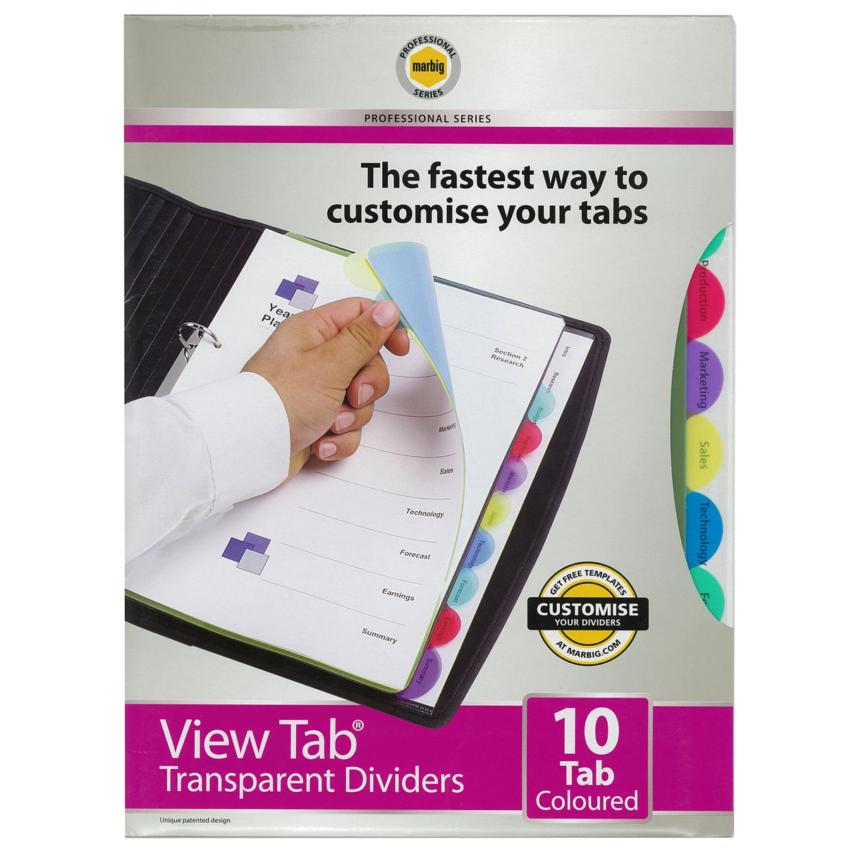 Marbig Professional Series A4 tab dividers with 10 colorful tabs for easy document organization and visibility during presentations.