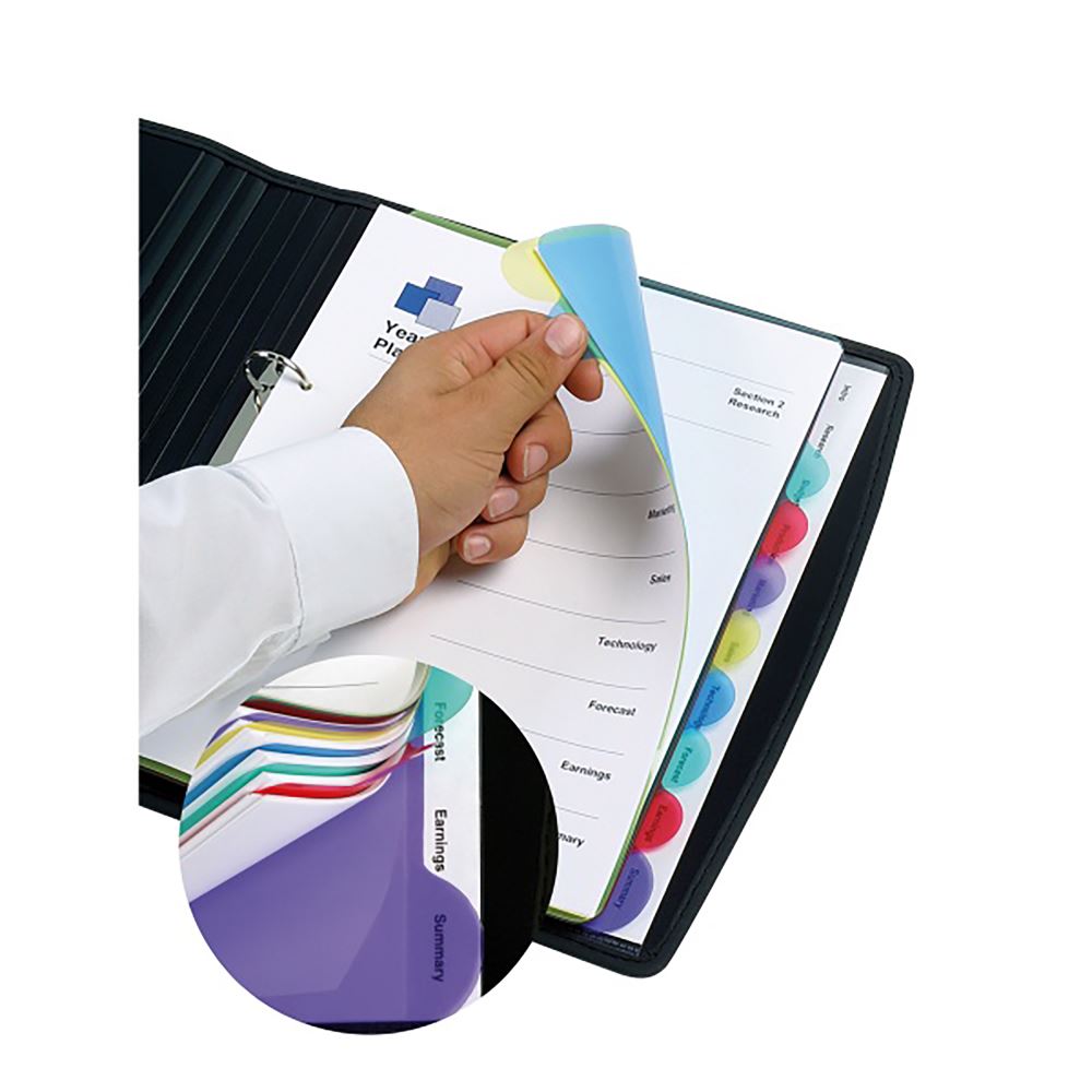 Colorful A4 dividers with 5 view tabs for easy document organization, featuring a patented design for seamless title visibility.