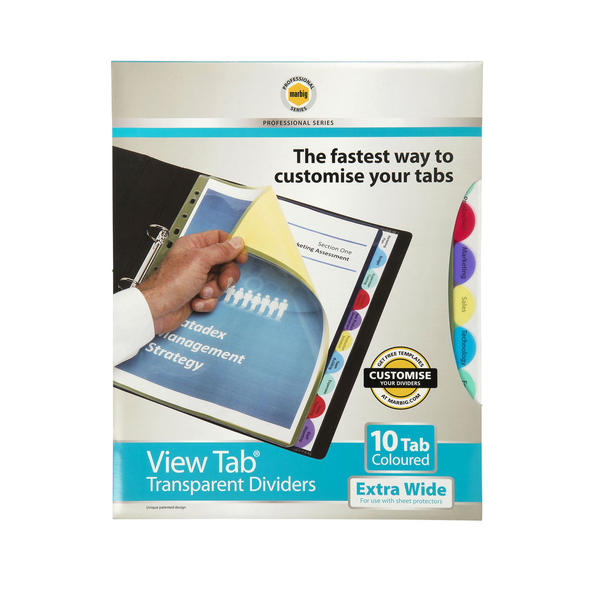Marbig Pro DVD View Tab Xwide A4 dividers with 10 tabs for organized, professional document presentation and easy title customization.