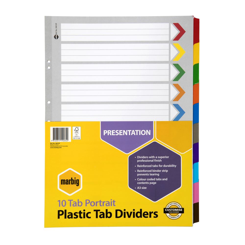 Marbig A3 dividers with colorful tabs and table of contents, made from reinforced white manila board for durable organization.