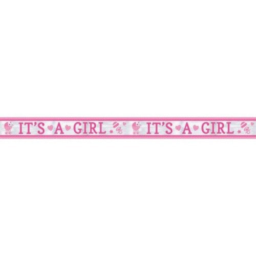 "25-foot foil banner in pastel colors reading 'It's a Girl!' perfect for baby showers and birthday celebrations."