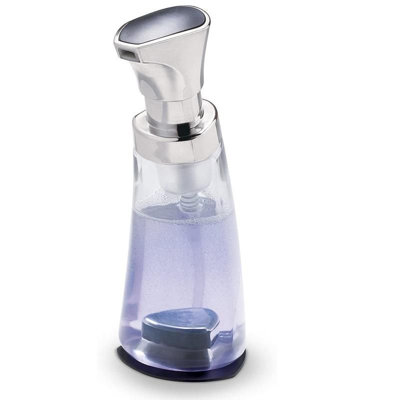 Cuisipro Ergonomic Foam Pump transforming liquid soap into thick foam, featuring durable design, ergonomic angle, and non-aerosol mechanism.