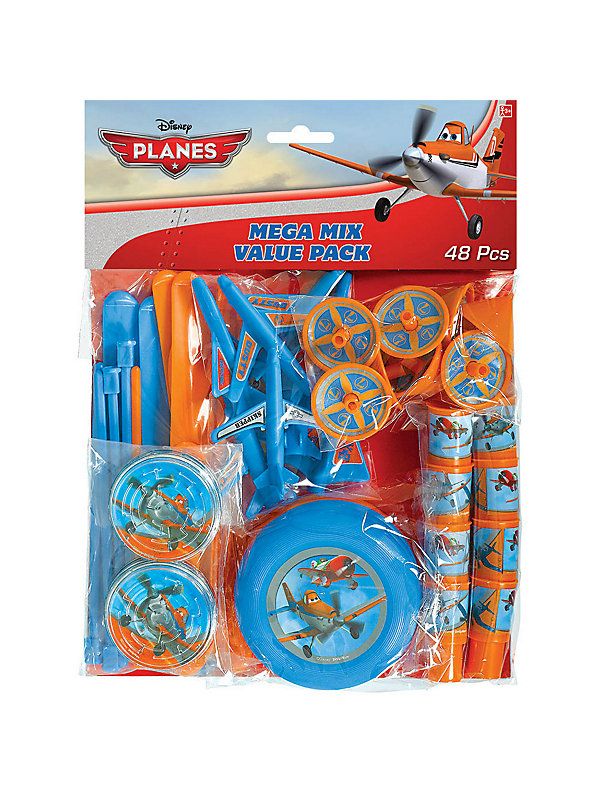 Colorful assortment of 48 toy planes, discs, whistles, puzzles, tops, and copters for imaginative play and party fun.