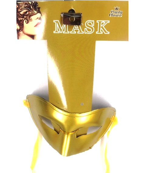 Golden masquerade mask with adjustable ribbon tie, perfect for costume parties and special events.
