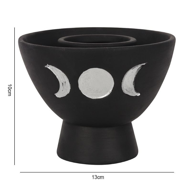 Black terracotta smudge bowl featuring a triple moon design, ideal for smudging herbs and enhancing spiritual practices.