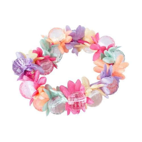Multi-coloured beaded flower hair elastics for kids, perfect for secure and stylish hairstyles.