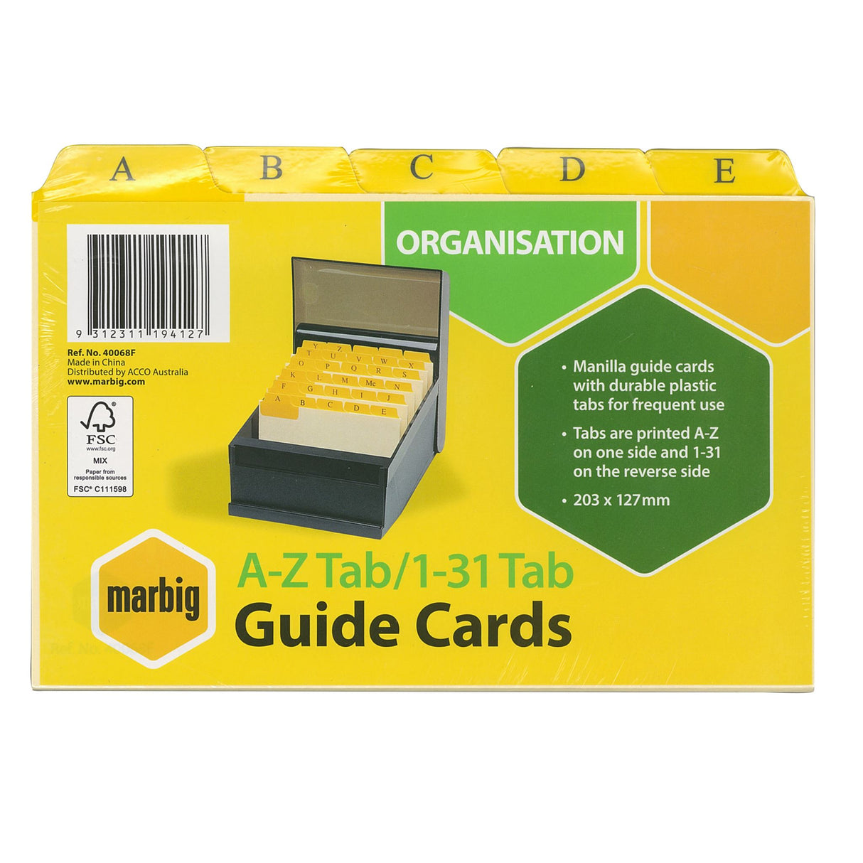Marbig Guide Card A-Z/1-31, 8x5 manilla cards with durable tabs for efficient alphabetical and date-based filing.