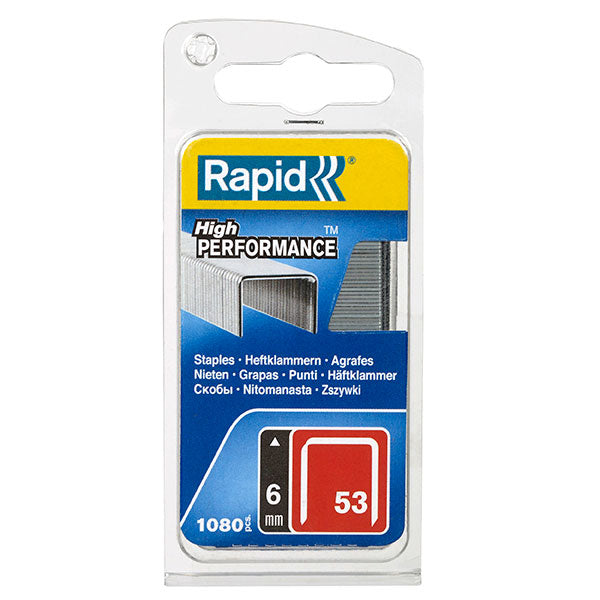 Rapid 53/6mm staples in a pack of 5, ideal for textiles, durable, low visibility, 1,080 staples per box.