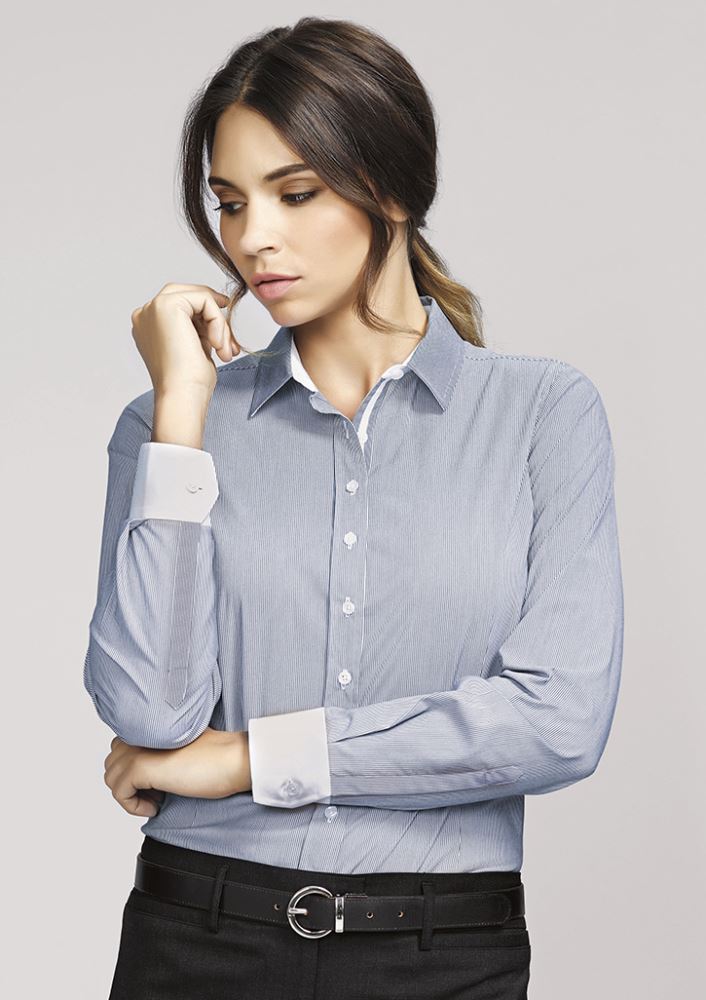 Fifth Avenue Ladies Long Sleeve Shirt in Melon, featuring a chic striped pattern, contrast trim, and soft stretch fabric for comfort.