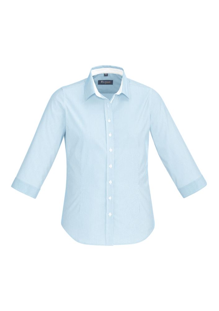 Fifth Avenue ladies 3/4 sleeve shirt in Alaskan Blue, featuring a semi-fitted design and chic fine stripe pattern.