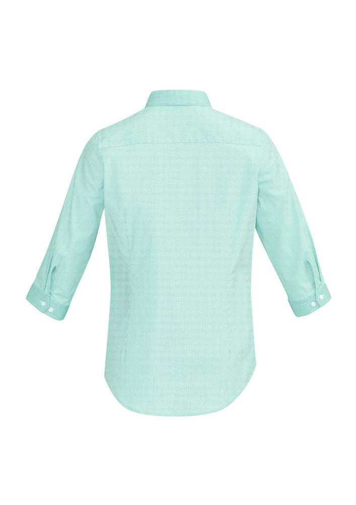 Elegant Dynasty Green 3/4 sleeve women's shirt with fine stripe pattern, contrast trims, and soft stretch fabric, size 6.