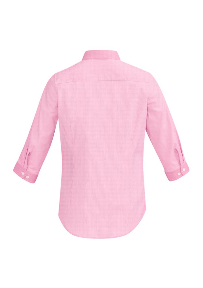 3/4 sleeve semi-fitted shirt for women in vibrant Melon with yarn-dyed stripes and stylish contrast trim, size 22.