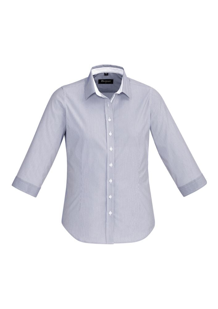Patriot Blue 3/4 sleeve shirt for ladies, featuring a soft cotton blend and stylish details, perfect for work or casual wear.