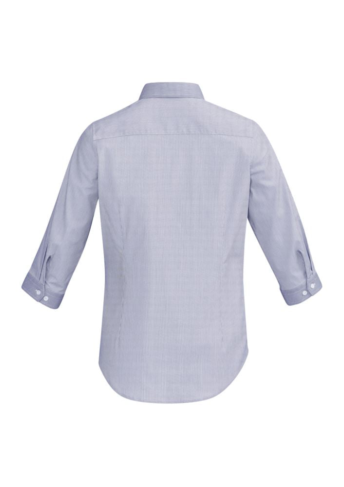 Patriot Blue 3/4 sleeve ladies shirt featuring fine stripes, contrast trim, and a soft stretchy fabric blend for versatile style.